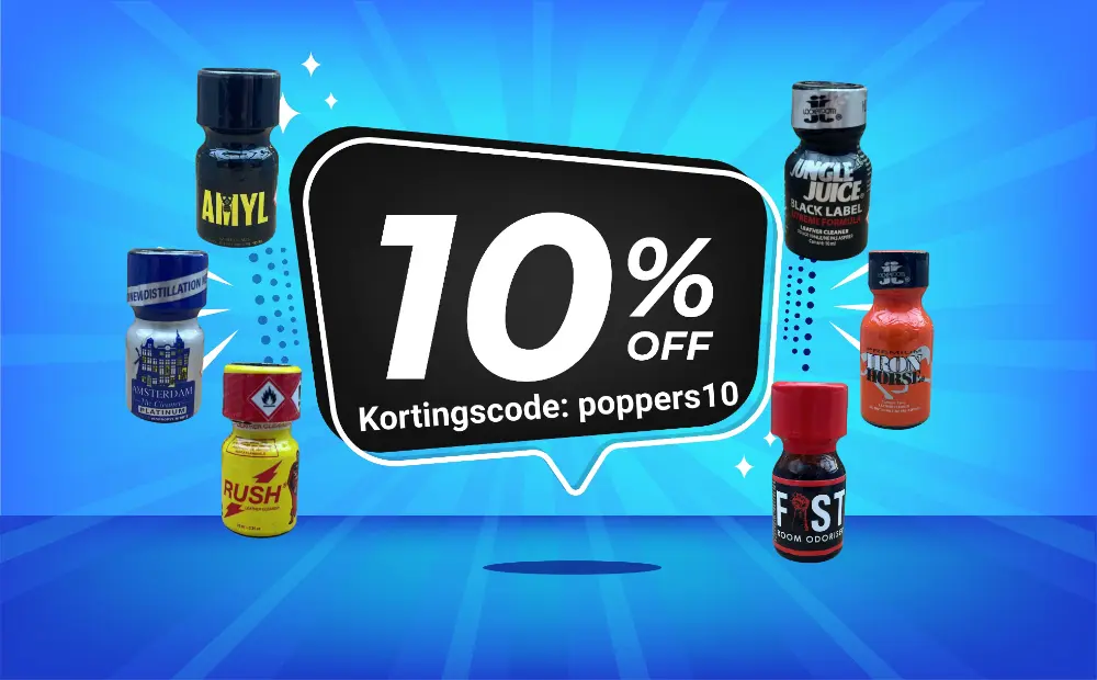 Afbeelding van diverse flesjes poppers in verschillende maten en kleuren, beschikbaar voor online aankoop met 10% korting. Perfect voor mensen die poppers willen kopen of poppers willen bestellen bij een betrouwbare webshop als kooppoppers.nl