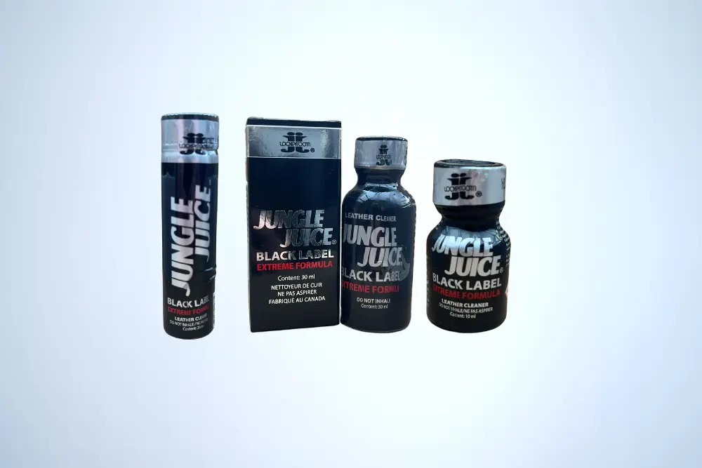 Afbeelding van verschillende flesjes Jungle Juice Black Label voor de Jungle Juice Black Label Poppers review